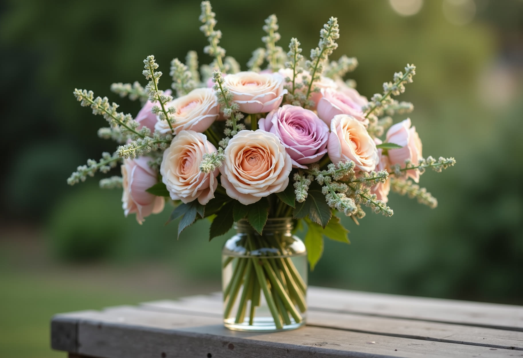 Hand-tied garden bouquet in blush and cream