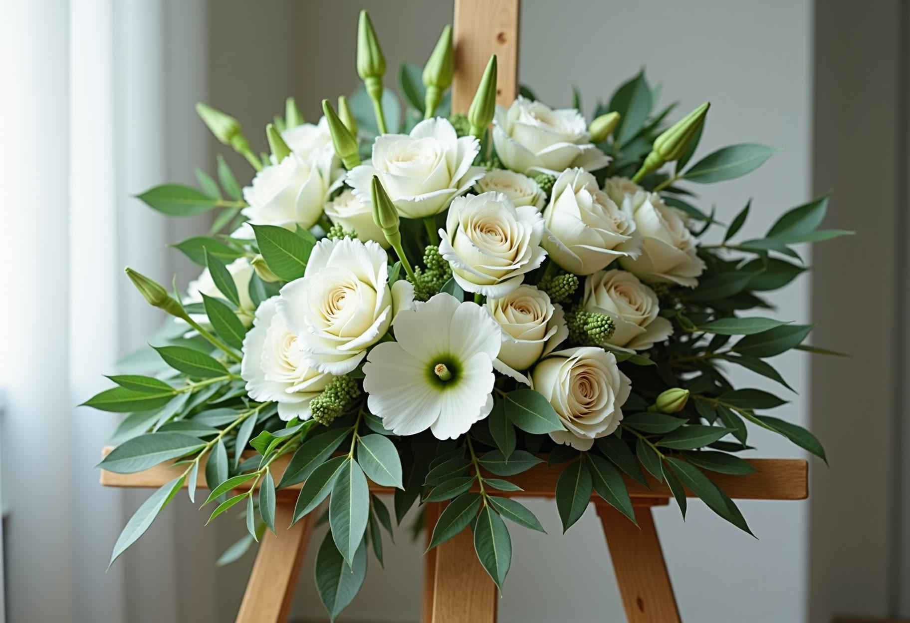 Standing sympathy spray in whites and greens